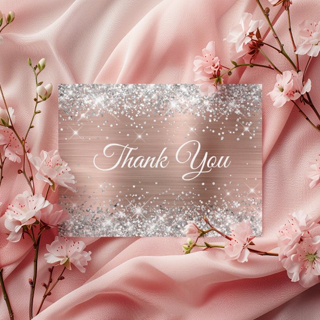 Cartão Postal Brilhante Rosa Glitter Prata Espelho Agradecimento (Sparkly Silver Glitter Rose Gold Foil Thank You Postcard)