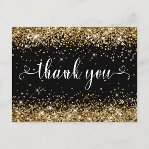 Cartão Postal Brilho Dourado e Preto Sweet 16 Corações Obrigada