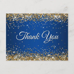 Cartão Postal Brilho Dourado Falso Glitter Azul Profundo Obrigad