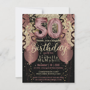 Cartão Postal Brilho Dourado Rosa e Preto Aniversário de 50 anos
