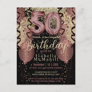 Cartão Postal Brilho Dourado Rosa e Preto Aniversário de 50 anos