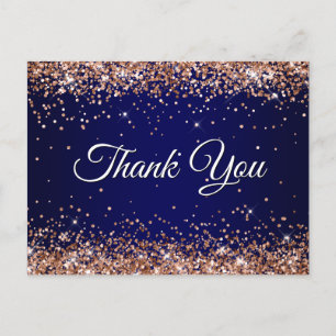 Cartão Postal Brilho Dourado Rosa Falso Azul Marinho Obrigado