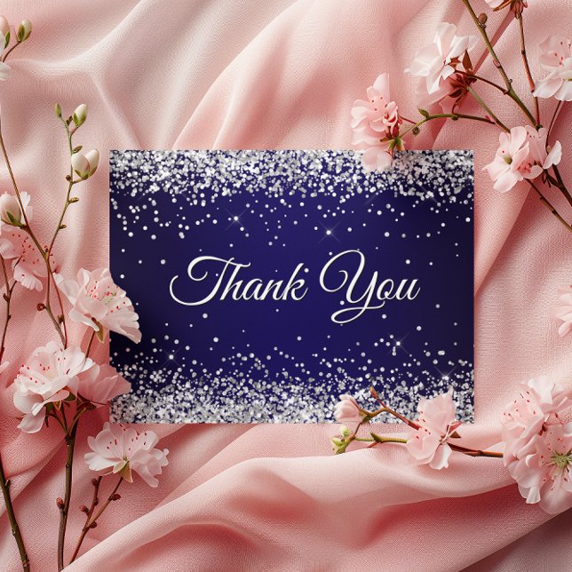 Cartão Postal Brilho Falso Prateado Brilhante Azul Marinho Obrig (Faux Sparkly Silver Glitter Navy Blue Thank You Postcard)