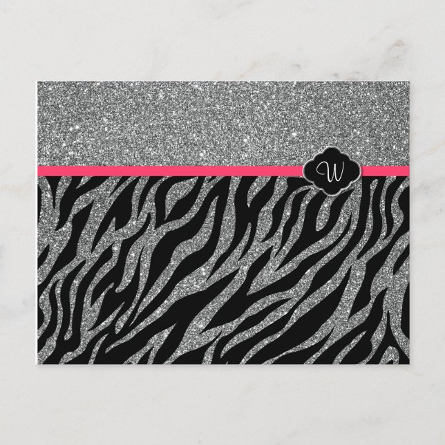Cartão Postal Brilho Feminino Prata Rosa Zebra Adicione Sua Inic (Frente)