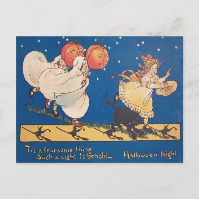 Cartão Postal Brincadeira de Halloween Ghost Costume Black Cat (Frente)