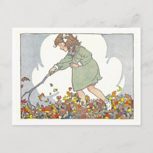 Cartão Postal "Brincando nas Folhas" Ilustração de Outono