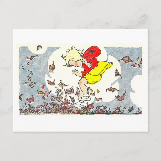 Cartão Postal "Brincando nas Folhas" Ilustração de Outono (Frente)