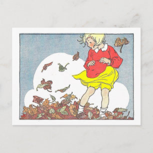 Cartão Postal "Brincando nas Folhas" Ilustração de Outono