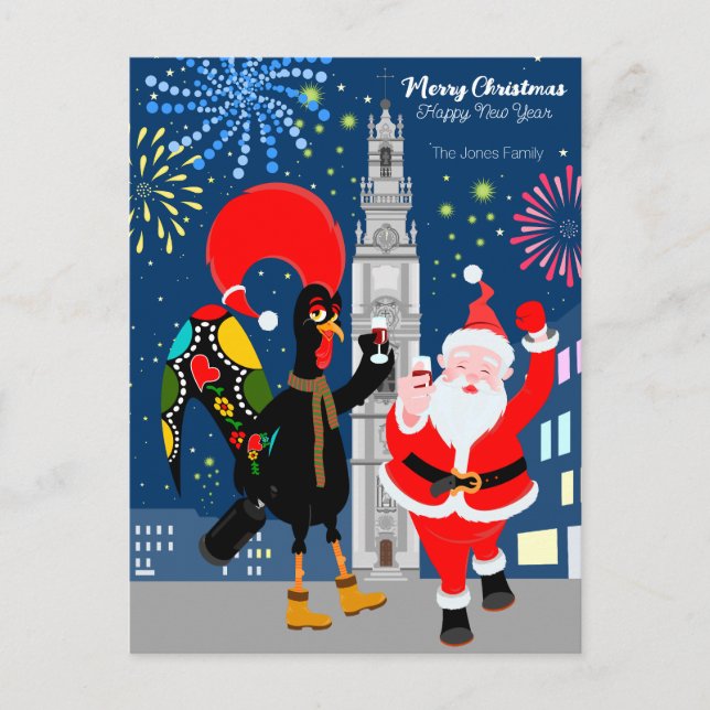 Cartão Postal Brinde de Papai Noel e Galo para o Ano Novo (Frente)