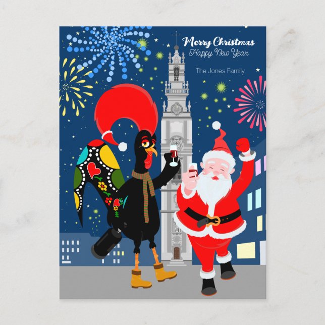 Cartão Postal Brinde de Papai Noel e Galo para o Ano Novo (Frente)