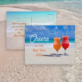 Cartão Postal Brindes Saudação de Ano Novo Bebidas na Praia