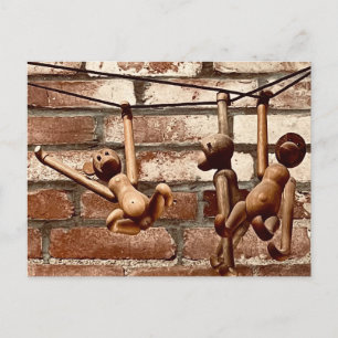 Cartão Postal Brinquedo de Madeira Balançando Três Macacos Carta