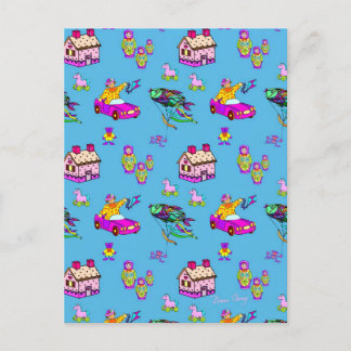 Cartão Postal Brinquedos - Casas cor-de-rosa e pipas turquesas