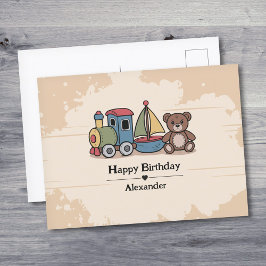 Cartão Postal Brinquedos de madeira com trem, veleiro e ursinho