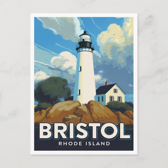 Cartão Postal Bristol Rhode Island Lighthouse Art (Frente)