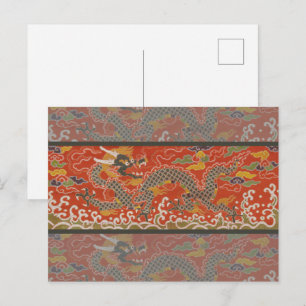 Cartão Postal Brocade Red Satin com Dragão Chinês na Nuvem