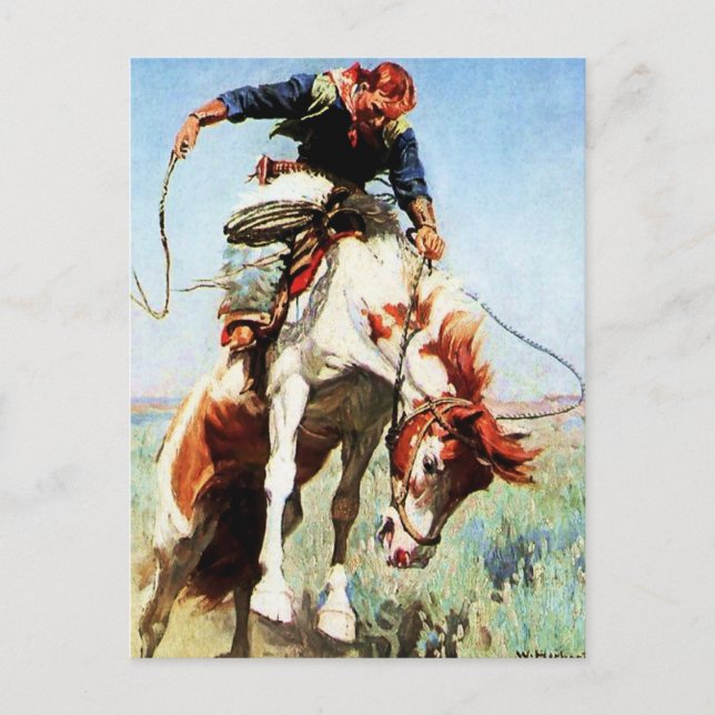 Cartão Postal "Bronco Rider" Arte Ocidental por W Herbert Dunton (Frente)