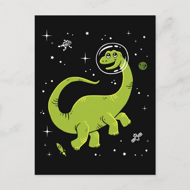 Cartão Postal Brontosaurus Verdes Dinos No Espaço (Frente)