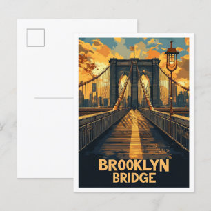 Cartão Postal Brooklyn Bridge NY USA Vintage Illustration Viagem