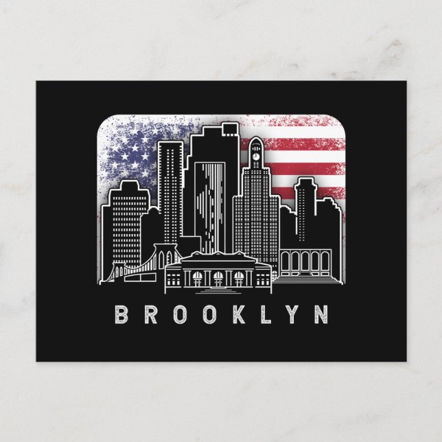 Cartão Postal Brooklyn New York Skyline American Flag (Frente)
