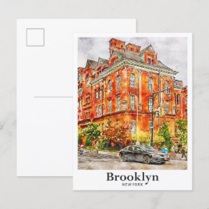 Cartão Postal Brooklyn Nova York Viagem Aquarela Desenhada à Mão