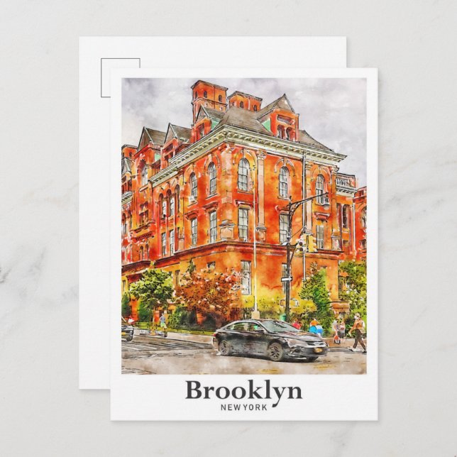 Cartão Postal Brooklyn Nova York Viagem Aquarela Desenhada à Mão (Frente/Verso)