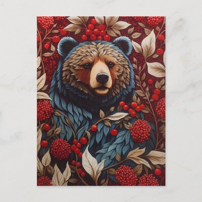 Cartão Postal Brown Bear Red Berries William Morris Inspirou (Frente)
