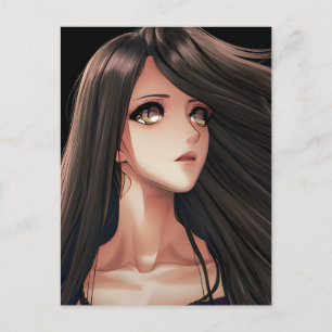 Cartão Postal Brown Eyed Brunette Anime Girl   Sinto Sua Falta