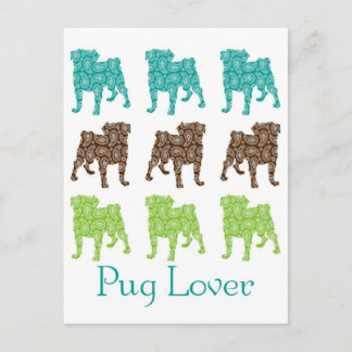Cartão Postal Brown, Green e Teal Paisley Pugs