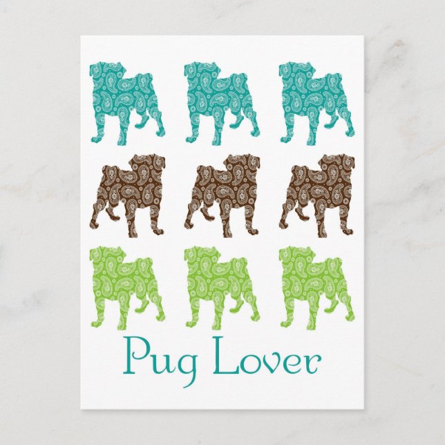 Cartão Postal Brown, Green e Teal Paisley Pugs (Frente)