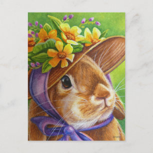 Cartão Postal Brown Lop Eared Rabbit em Bonnet Watercolor Art
