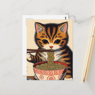 Cartão Postal Brown Tabby Kitten Comendo Ramen Woodblock Impress