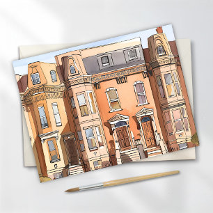 Cartão Postal Brownstones Esboçados Pintura de Rua de Boston