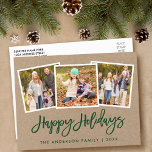 Cartão Postal Bruch Script 3 Photo Family Holiday Kraft Kraft<br><div class="desc">Cartão-postal de Feliz Feriados Kraft com Script 3 Fotografia Verde Moderno</div>