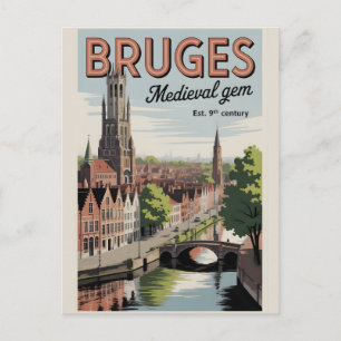 Cartão Postal Bruges Bélgica Paisagem Urbana Retro Viagem