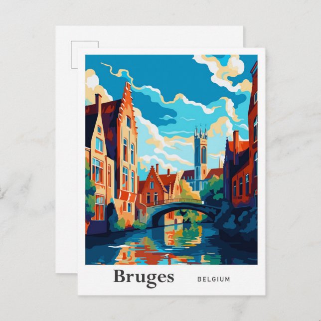 Cartão Postal Bruges Belgium Art Viagens vintage Ilustração (Frente/Verso)