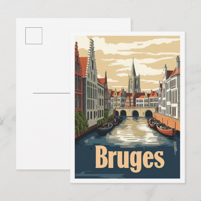 Cartão Postal Bruges Belgium Art Viagens vintage Ilustração (Frente/Verso)
