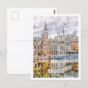 Cartão Postal Bruges Belgium Viagem Place Watercolor