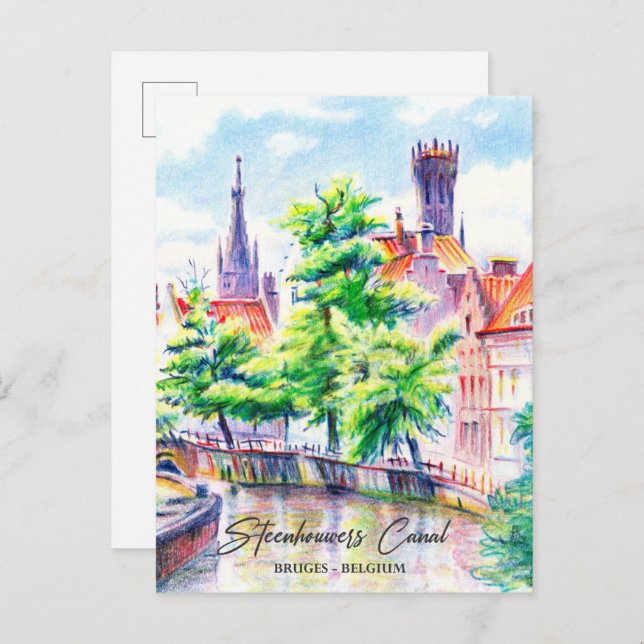 Cartão Postal Bruges Belgium Watercolor Viagem (Frente/Verso)