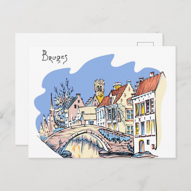 Cartão Postal Bruges Canal Belgium Ilustration Viagem (Frente/Verso)
