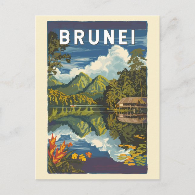 Cartão Postal Brunei Painterly Illustration Viagem Art Vintage (Frente)