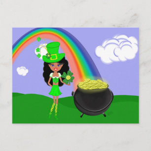 Cartão Postal Brunette Girl Leprechaun do dia de Pat da rua com