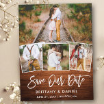 Cartão Postal Brush Script Rustic Wood Save Our Date 4 Photo<br><div class="desc">Modern Brush Script Rustic Wood 4 Photo Save Our Date Postcard</div>
