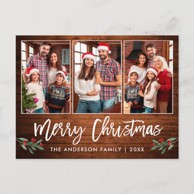 Cartão Postal Brush Script Wood Greenery 3 Foto Natal (Frente)