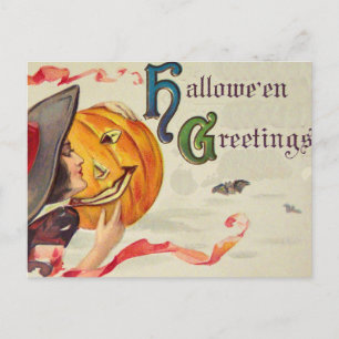 Cartão Postal Bruxa & Abóbora (Cartão Antigo de Halloween)