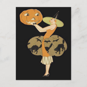 Cartão Postal Bruxa Art Déco Abóbora Jack O Lantern Gato Preto