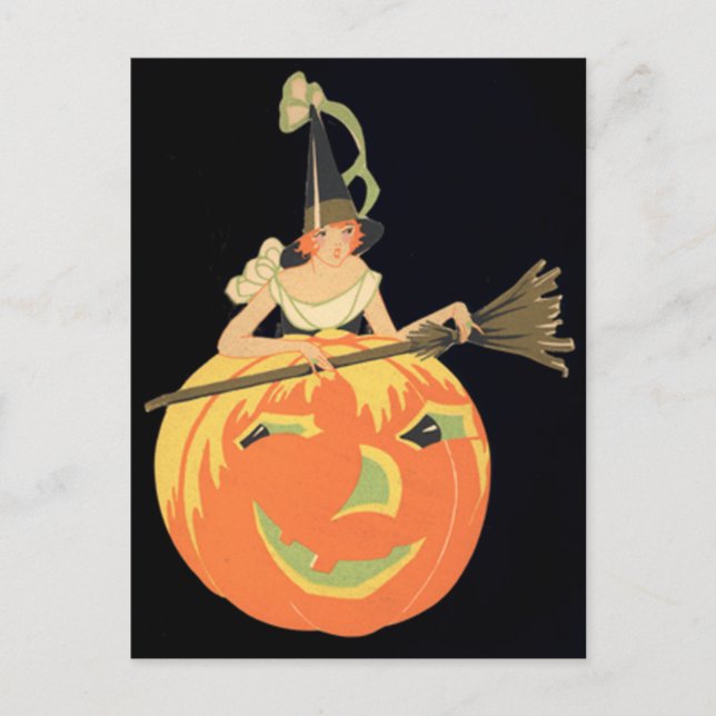 Cartão Postal Bruxa Art Déco Jack O Lantern Abóbora Vassoura (Frente)