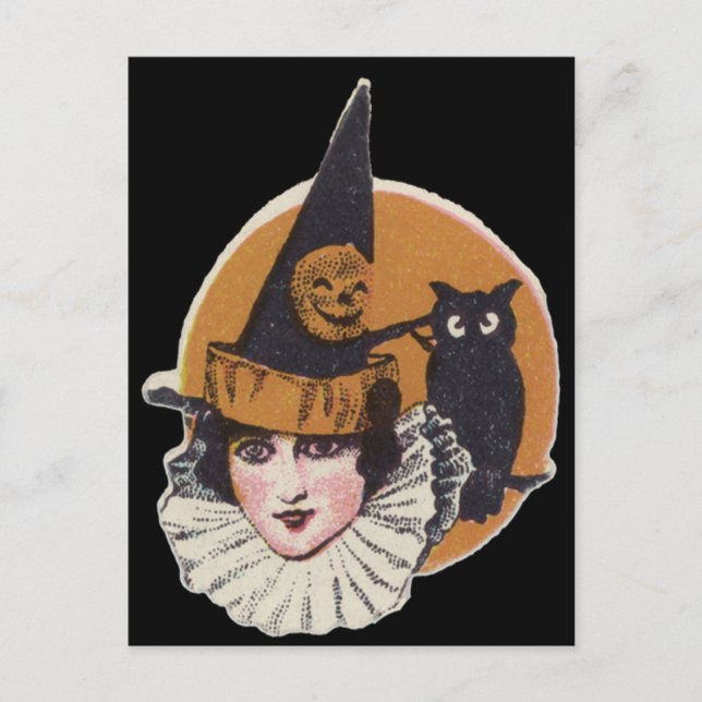 Cartão Postal Bruxa Art Déco Jack O Lanterna Abóbora Coruja (Frente)