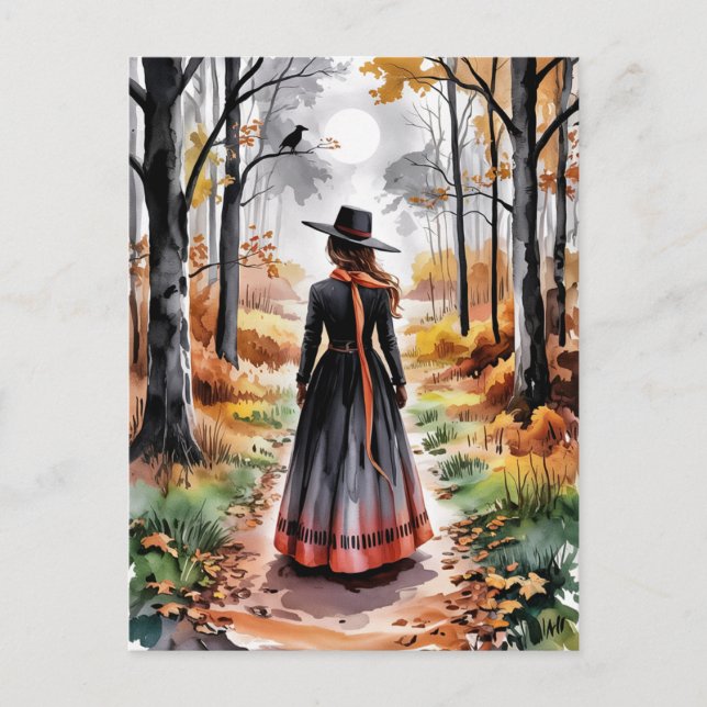 Cartão Postal Bruxa assustadora da floresta de Halloween da moda (Frente)