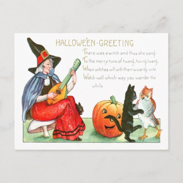 Cartão Postal Bruxa Black Guitar Jack O Lantern Owl (Frente)